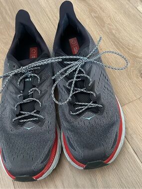 Hoka Men’s Clifton 8 Running Shoes - Gray with Red & Yellow Accents